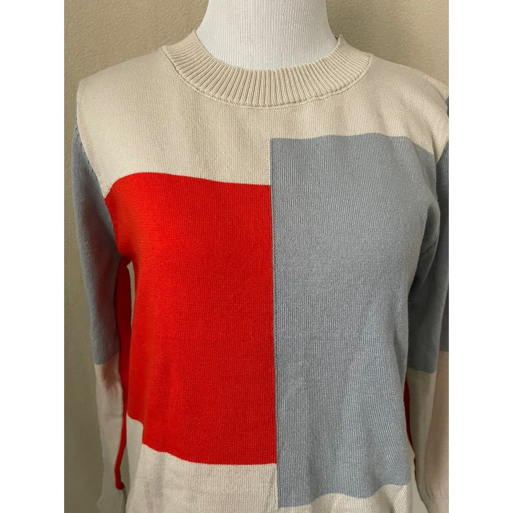 Women's Tan/Gray/Red Color Block Long Sleeve Knit Shirt - Picture 2 of 11